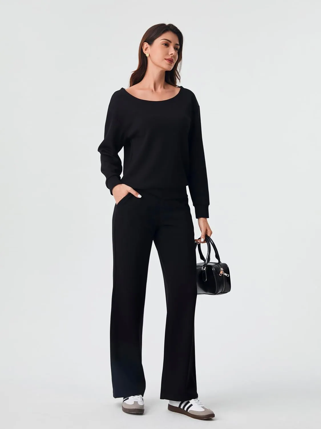 AFITNE Women 2 Piece Outfits Sets Off-Shoulder Long Sleeve Wide Leg Tracksuits with Pockets