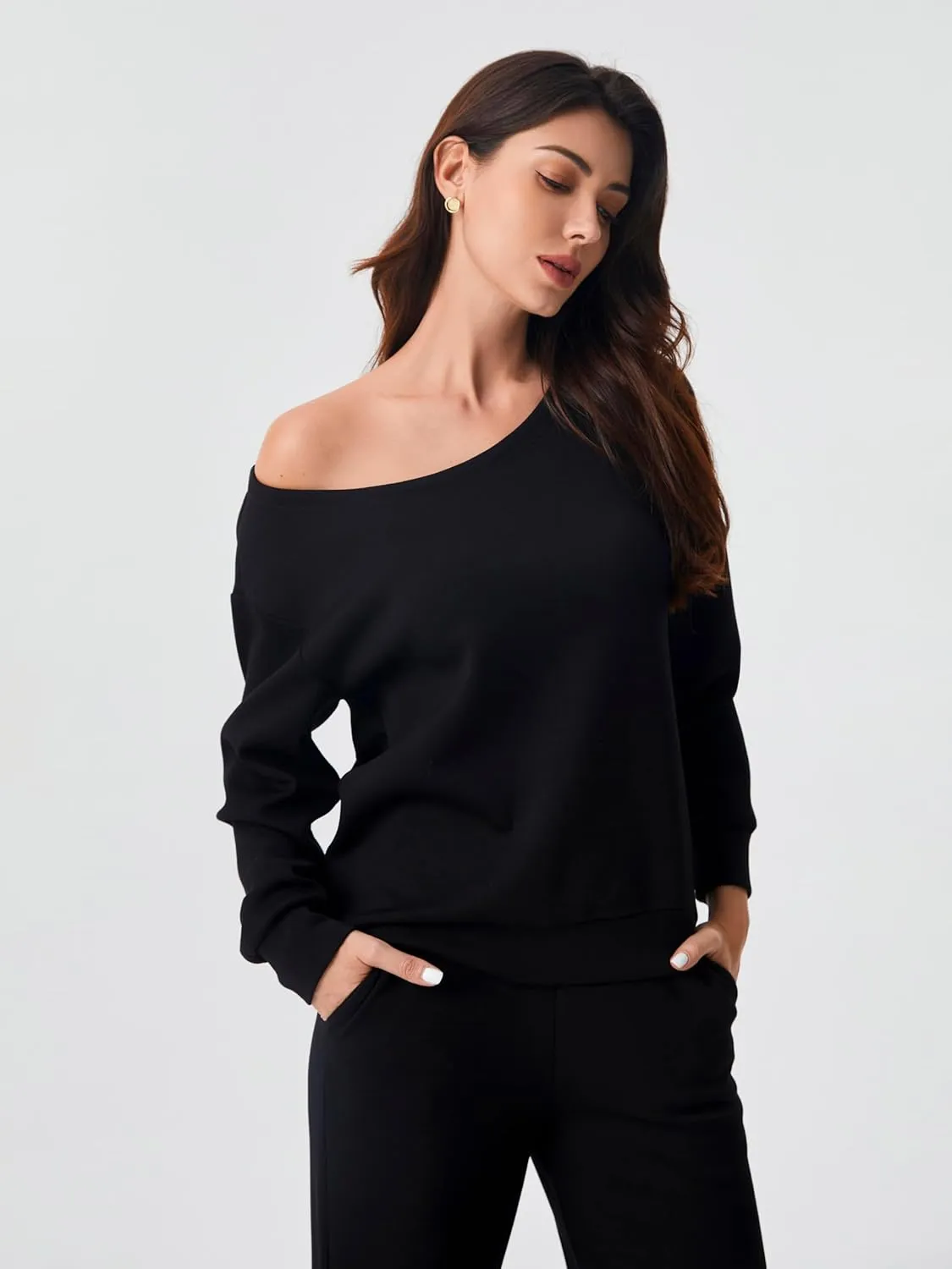 AFITNE Women 2 Piece Outfits Sets Off-Shoulder Long Sleeve Wide Leg Tracksuits with Pockets