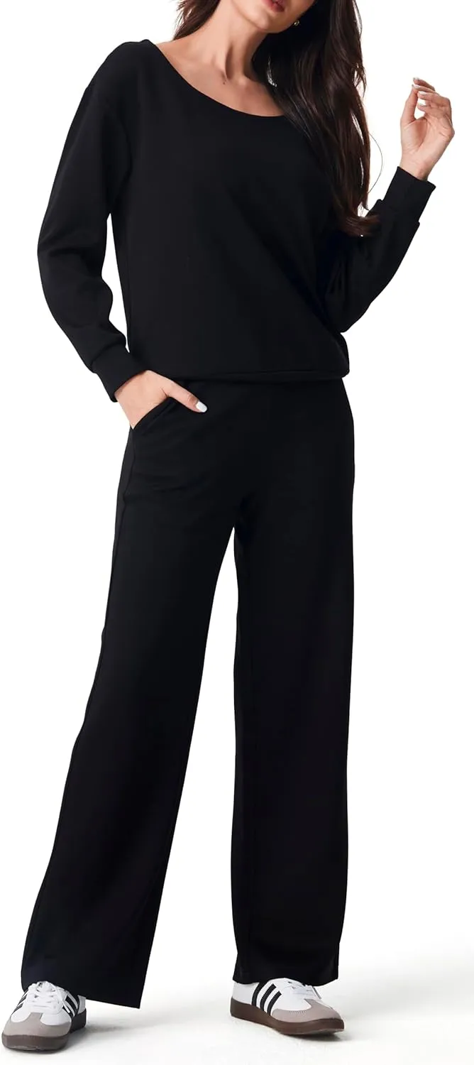 AFITNE Women 2 Piece Outfits Sets Off-Shoulder Long Sleeve Wide Leg Tracksuits with Pockets
