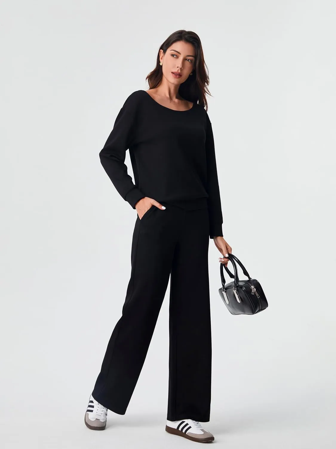 AFITNE Women 2 Piece Outfits Sets Off-Shoulder Long Sleeve Wide Leg Tracksuits with Pockets