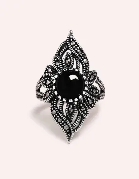 Black Onyx Vintage Marcasite Ring - Sizes 8, 9 and 10