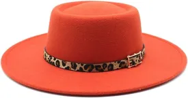 DHAEY New Round Flat Top Wool Felt Big Brim Hat for Men and Women, Concave Convex Top hat Fashion Leopard Pattern Wool Hat Luopan Caps & Hats(Orange)