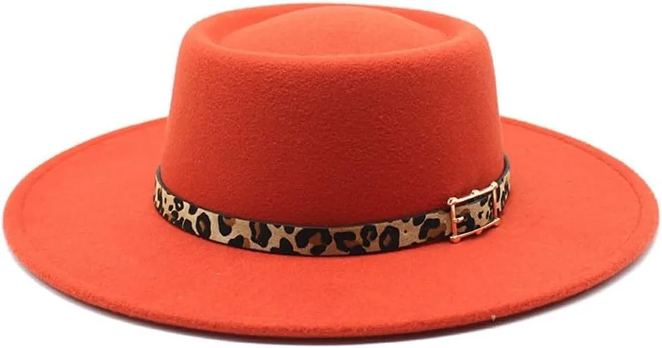 DHAEY New Round Flat Top Wool Felt Big Brim Hat for Men and Women, Concave Convex Top hat Fashion Leopard Pattern Wool Hat Luopan Caps & Hats(Orange)