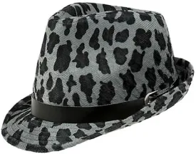Fedora Hat - Leopard Print Fedora w/Belted Band - Gray - HT-1118GY