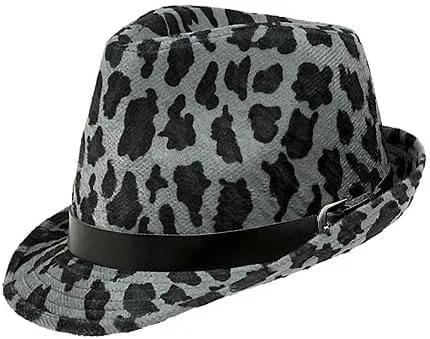Fedora Hat - Leopard Print Fedora w/Belted Band - Gray - HT-1118GY