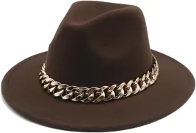Fedora Hats Women Men Wide Brim Thick Gold Chain Band Felted Hat Jazz Cap Panama Hat Coffee 52-54cm(Kids), Small