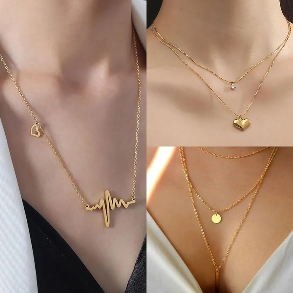 Myofeng 16Pcs Gold Necklaces Set for Women 14k Gold Plated Dainty Trendy Pendant Chain Choker Pack Multilayer Necklace Set for Women Adjustable Jewelry Gift