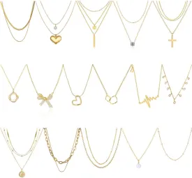 Myofeng 16Pcs Gold Necklaces Set for Women 14k Gold Plated Dainty Trendy Pendant Chain Choker Pack Multilayer Necklace Set for Women Adjustable Jewelry Gift