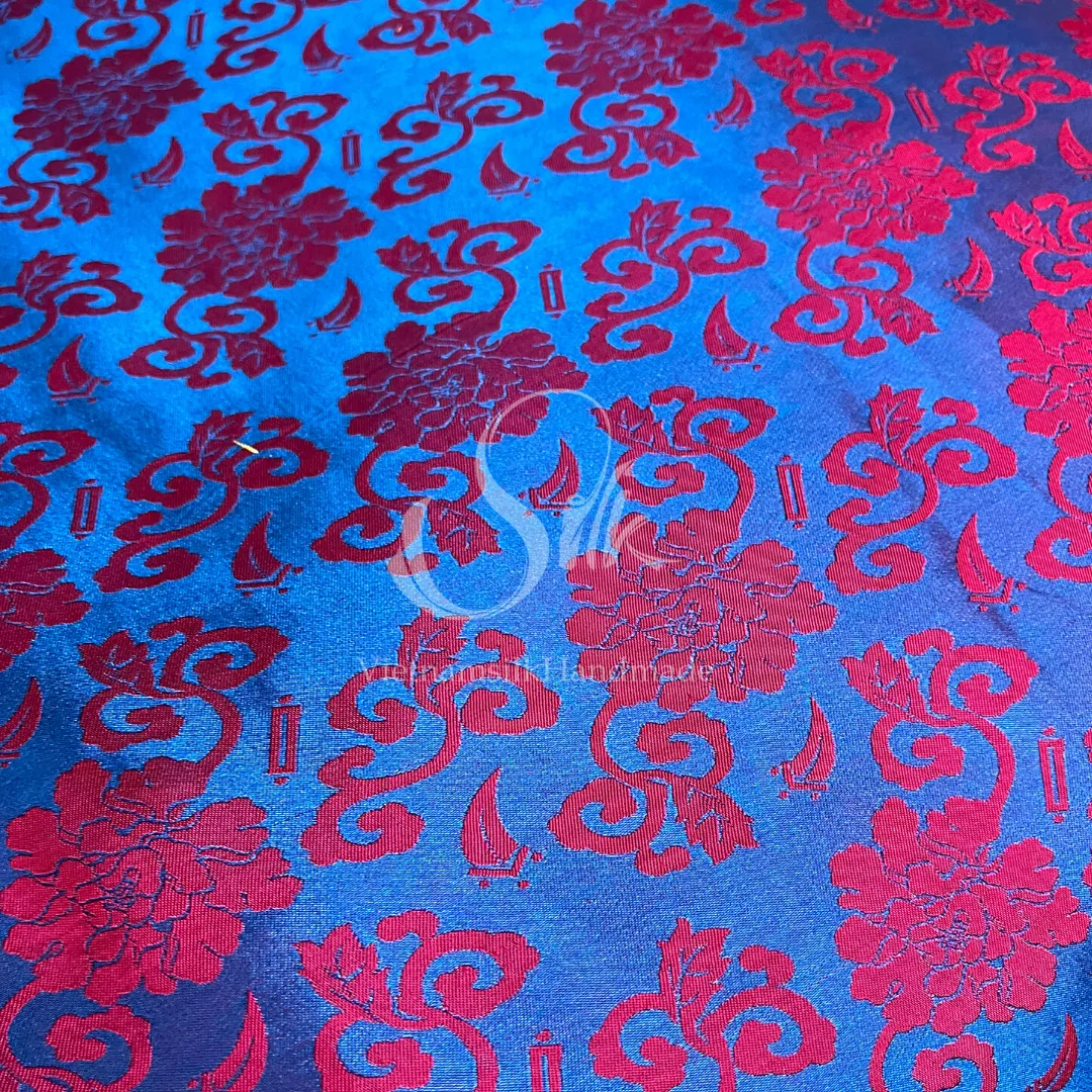 Navy Silk with Red Flowers - PURE MULBERRY SILK fabric by the yard -  Floral Silk -Luxury Silk - Natural silk - Handmade in VietNam- Silk with Design