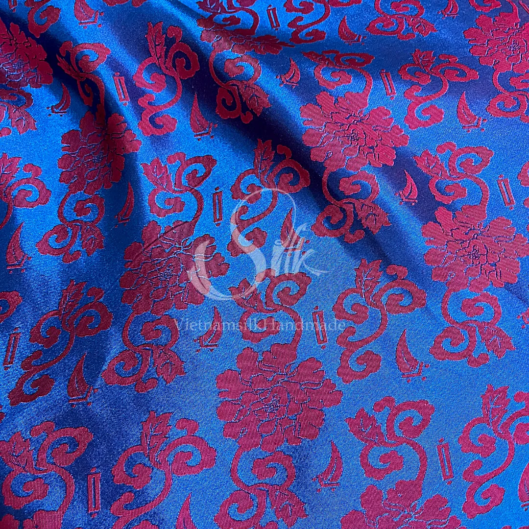 Navy Silk with Red Flowers - PURE MULBERRY SILK fabric by the yard -  Floral Silk -Luxury Silk - Natural silk - Handmade in VietNam- Silk with Design