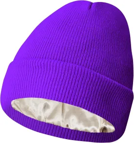 PFFY Satin Lined Knit Cuffed Beanie Hat Silk Lining Slouchy Warm Hats Winter Beanies Gift for Women Men