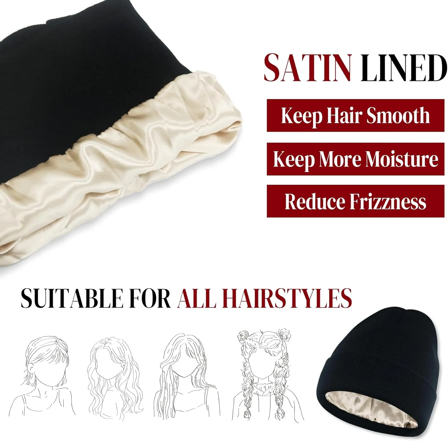 PFFY Satin Lined Knit Cuffed Beanie Hat Silk Lining Slouchy Warm Hats Winter Beanies Gift for Women Men