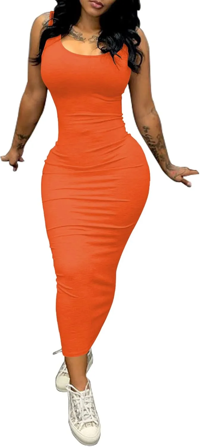 PINSV Women's Sexy Bodycon Tank Dress Basic Sleeveless Long Maxi Dresses Party Club Beach Sundresses