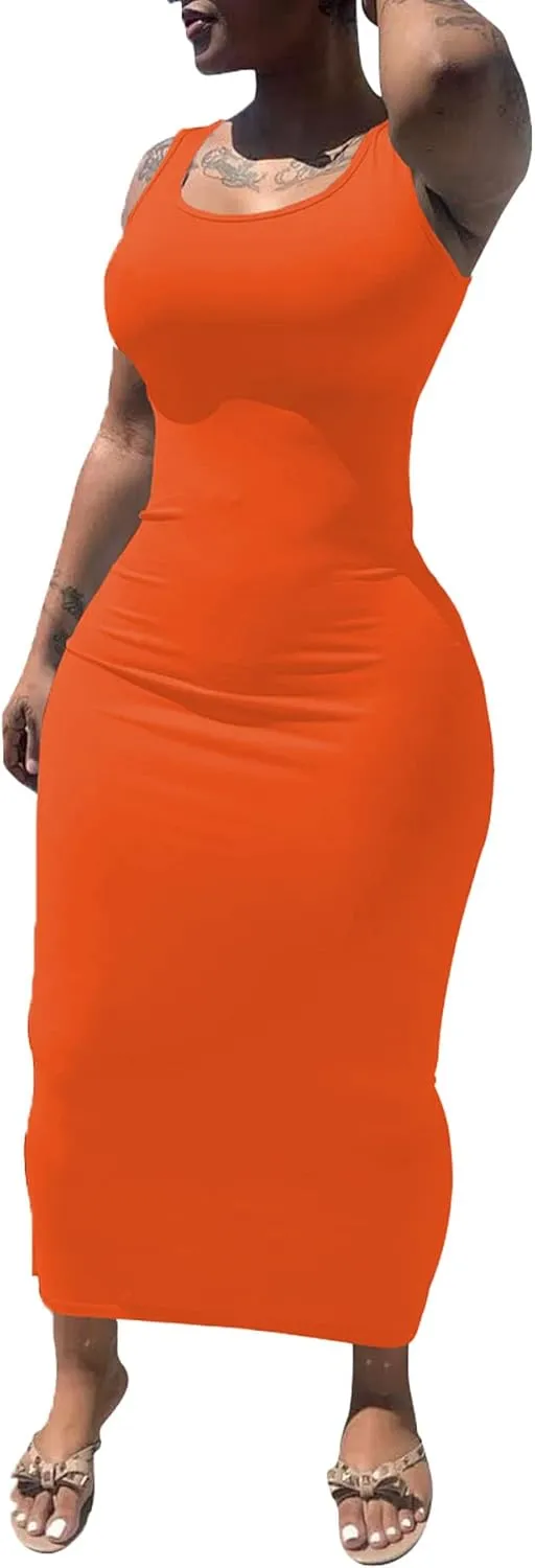 PINSV Women's Sexy Bodycon Tank Dress Basic Sleeveless Long Maxi Dresses Party Club Beach Sundresses
