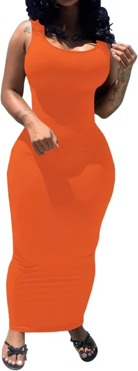 PINSV Women's Sexy Bodycon Tank Dress Basic Sleeveless Long Maxi Dresses Party Club Beach Sundresses
