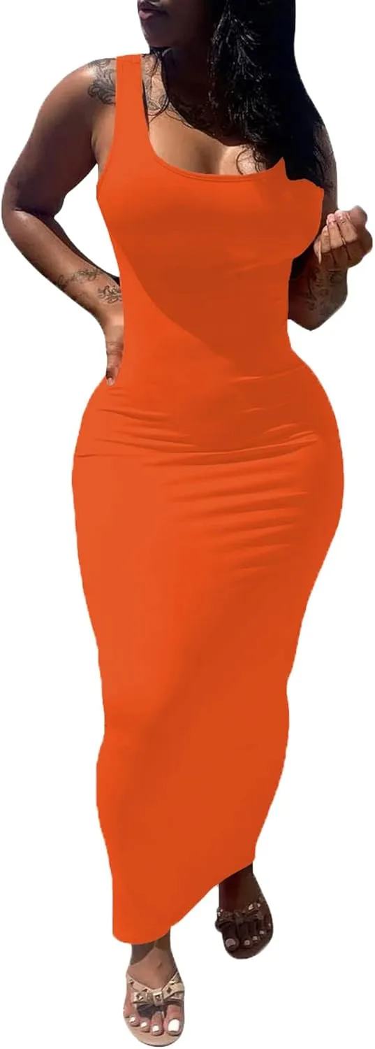 PINSV Women's Sexy Bodycon Tank Dress Basic Sleeveless Long Maxi Dresses Party Club Beach Sundresses