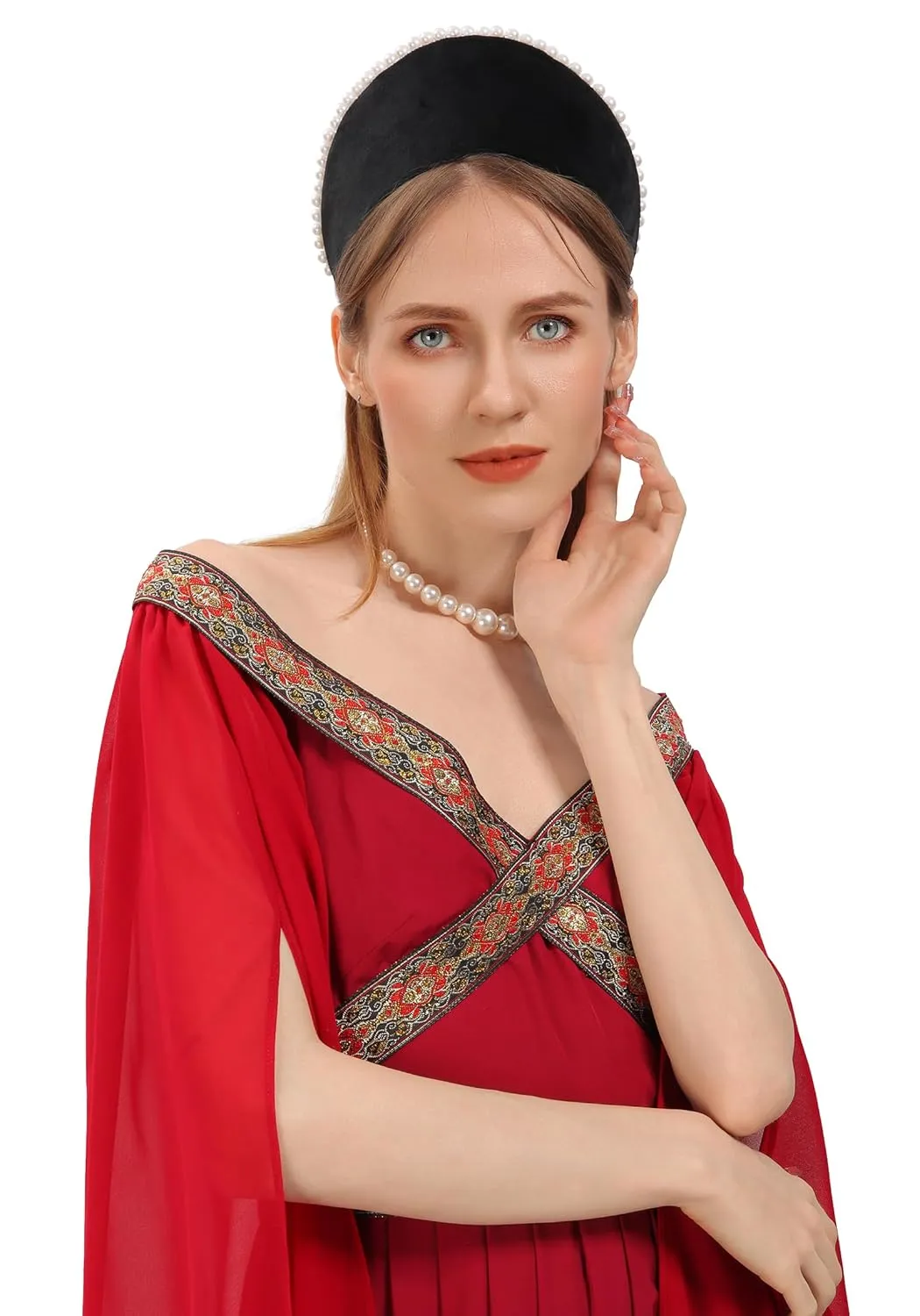 PROCOS Anne Pearl Headband Tudor French Hood Headpiece Elizabethan Headwear Queen Parr Renaissance Hair Accessory (B-Black-F)