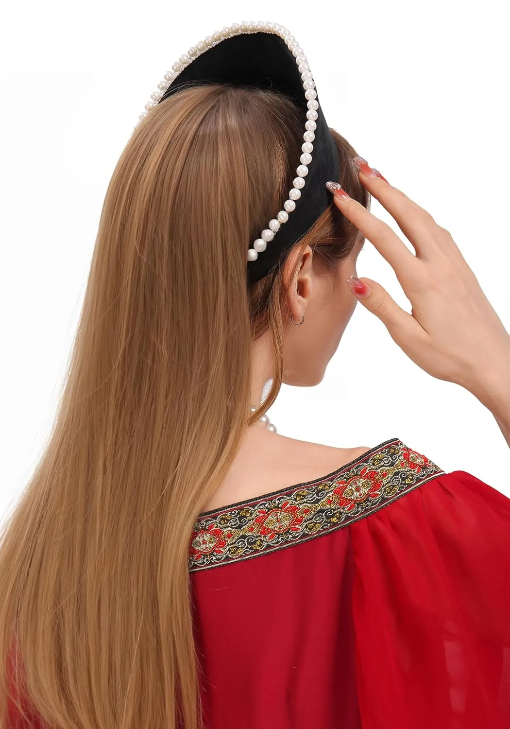 PROCOS Anne Pearl Headband Tudor French Hood Headpiece Elizabethan Headwear Queen Parr Renaissance Hair Accessory (B-Black-F)