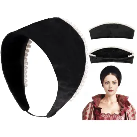 PROCOS Anne Pearl Headband Tudor French Hood Headpiece Elizabethan Headwear Queen Parr Renaissance Hair Accessory (B-Black-F)