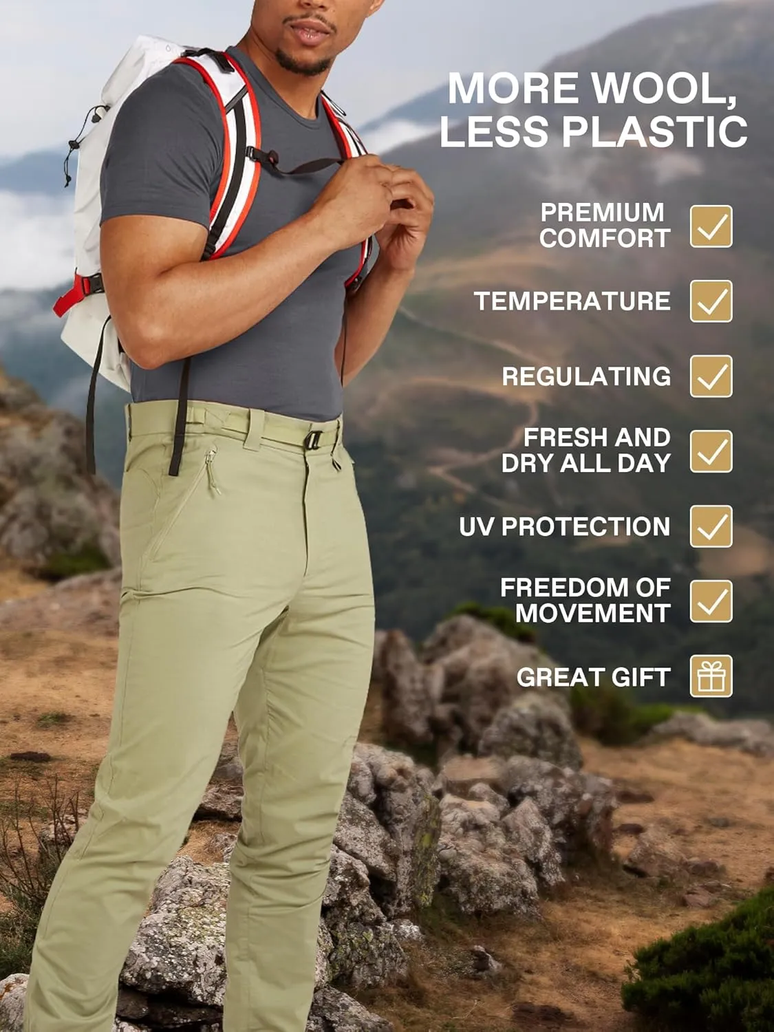 SIORO 100% Merino Wool T-Shirt for Men Short Sleeve Base Layers Odor Resistance Crew Neck Undershirt for Outdoor Hiking S-XXL