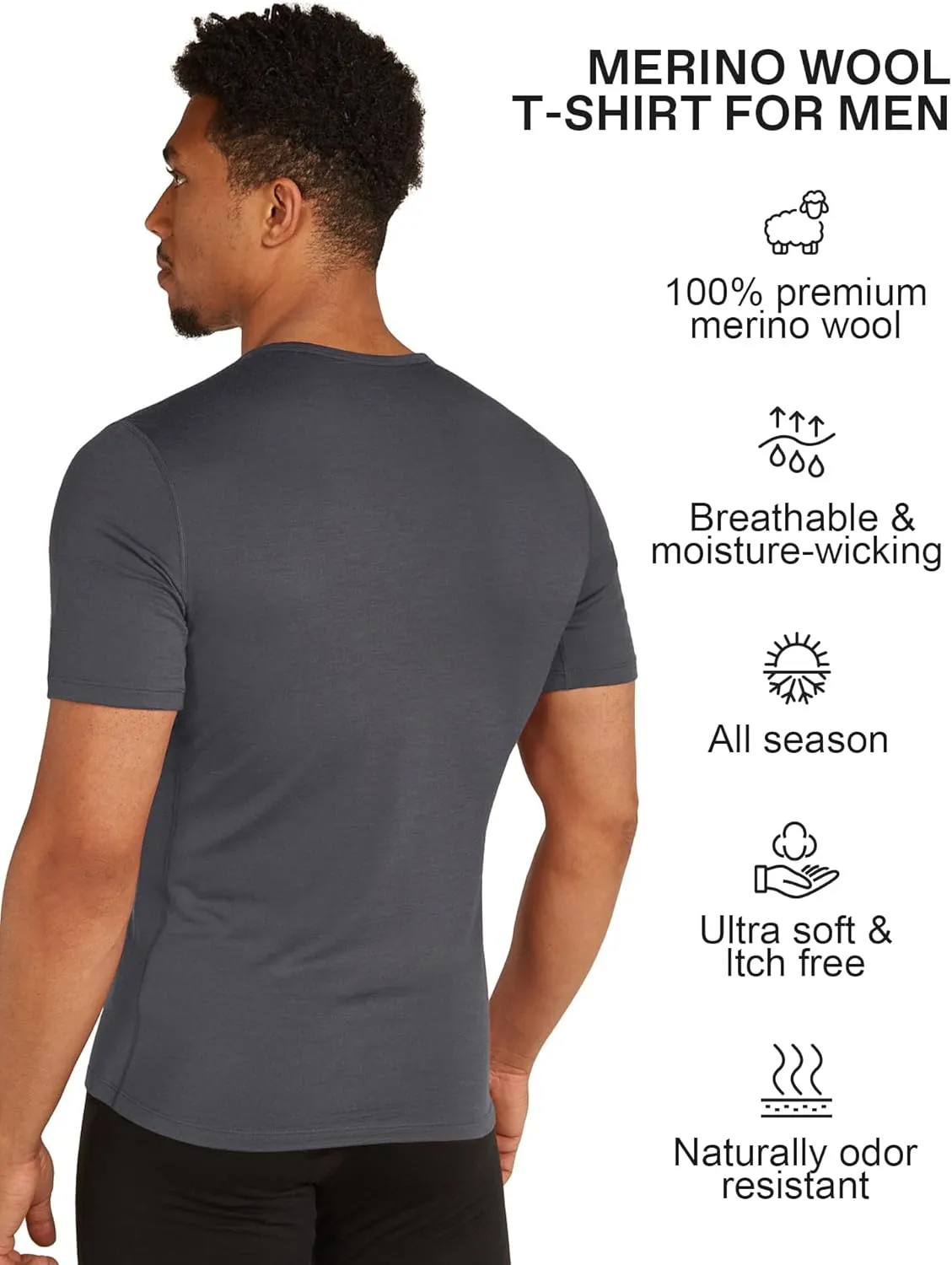 SIORO 100% Merino Wool T-Shirt for Men Short Sleeve Base Layers Odor Resistance Crew Neck Undershirt for Outdoor Hiking S-XXL