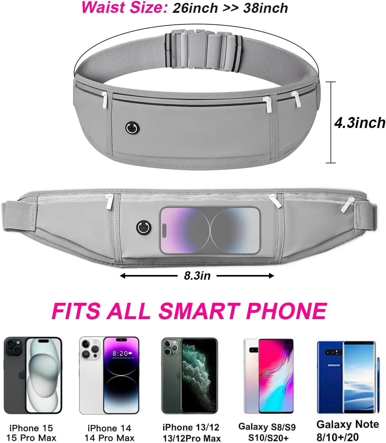 Slim Running Belt for Women Men,Runners Fanny Pack Phone Holder,Money Belt,Running Gear Accessories,with 3 Pockets(Light gray)