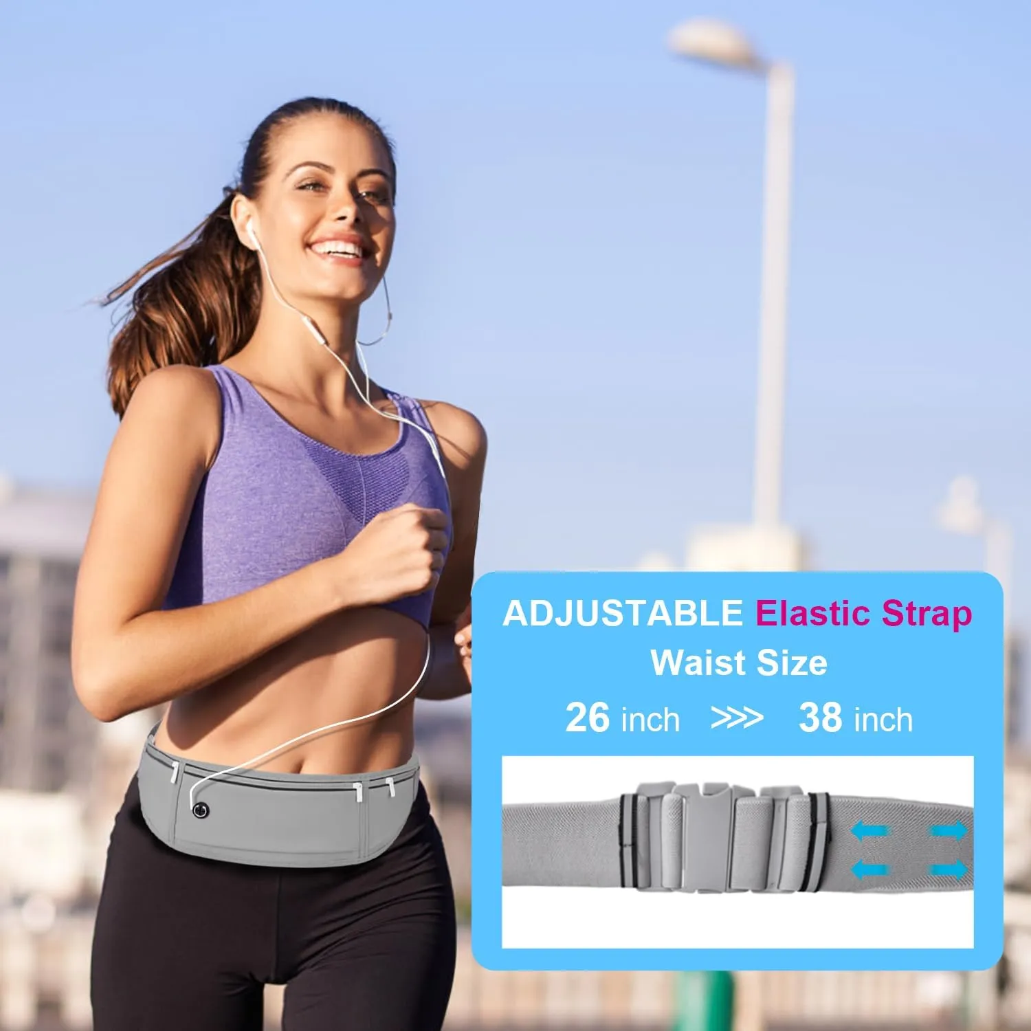 Slim Running Belt for Women Men,Runners Fanny Pack Phone Holder,Money Belt,Running Gear Accessories,with 3 Pockets(Light gray)