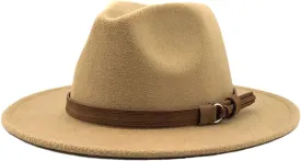 Women Men Fedora Hat with Leather Ribbon Gentleman Wide Brim Jazz Church Panama Sombrero Cap Light Khaki Child 52-54CM, Small