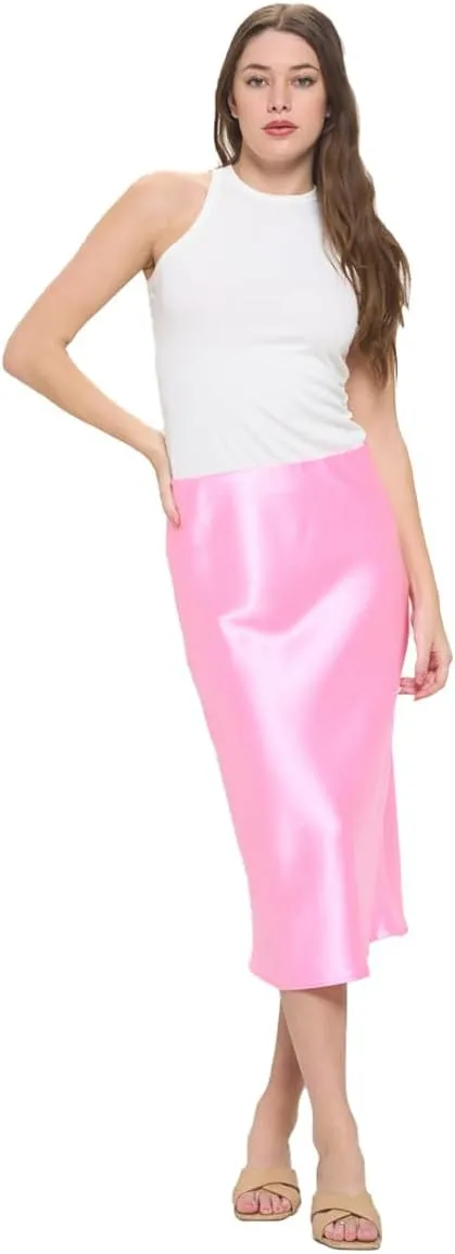 Women Solid High Waist Silky Casual Elastic Satin Midi Skirt -Made in USA (Available in Plus Size)