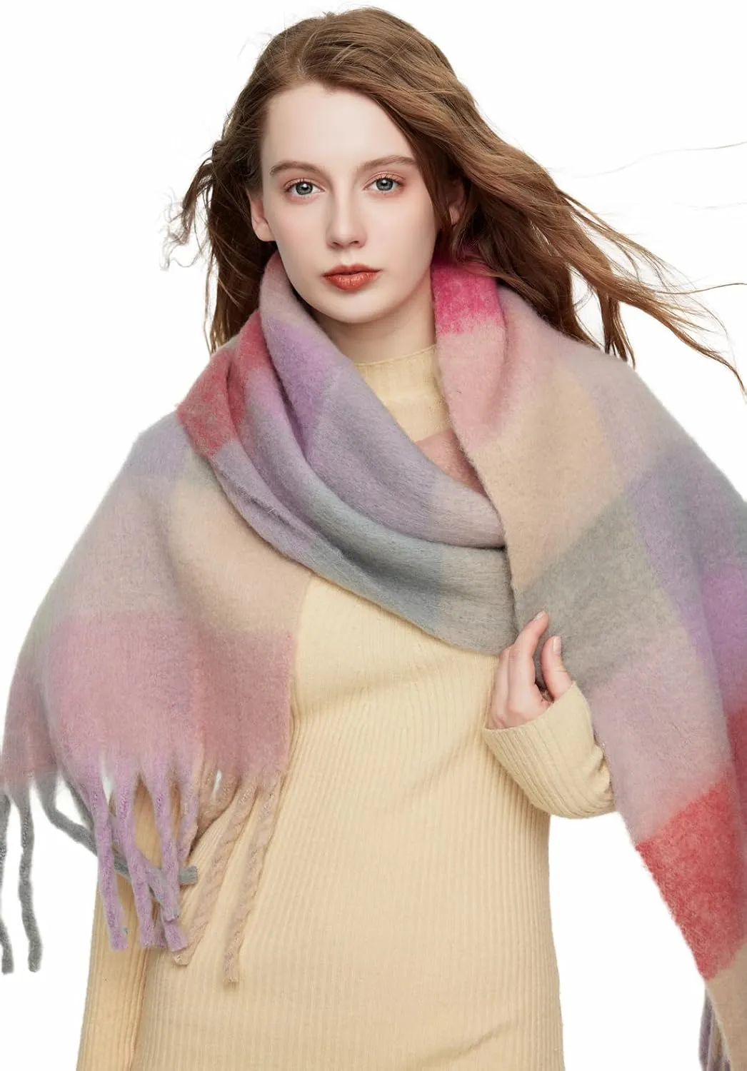 Yatemiole Women's Cashmere Big Coloured Checked Scarf Winter Warm Wrap Scarf