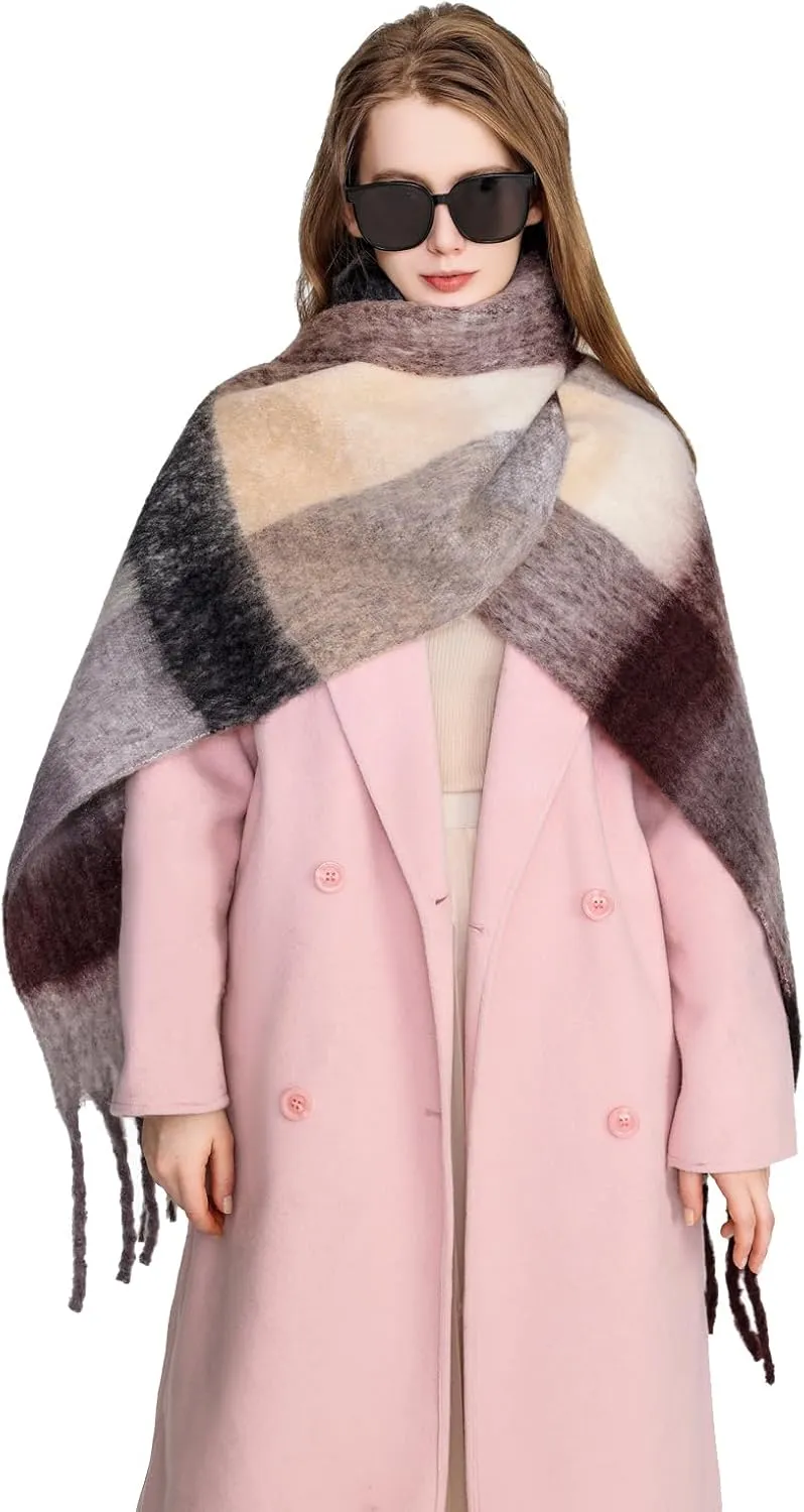 Yatemiole Women's Cashmere Big Coloured Checked Scarf Winter Warm Wrap Scarf