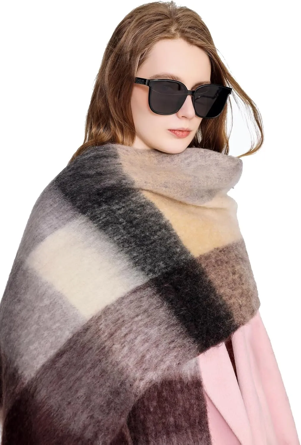 Yatemiole Women's Cashmere Big Coloured Checked Scarf Winter Warm Wrap Scarf