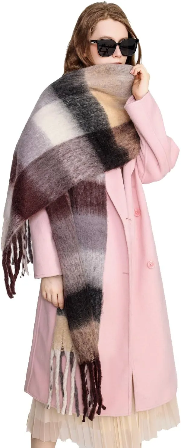 Yatemiole Women's Cashmere Big Coloured Checked Scarf Winter Warm Wrap Scarf
