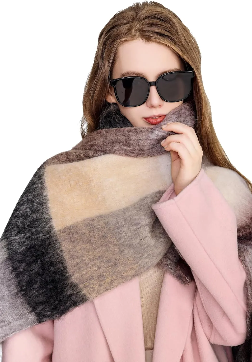 Yatemiole Women's Cashmere Big Coloured Checked Scarf Winter Warm Wrap Scarf